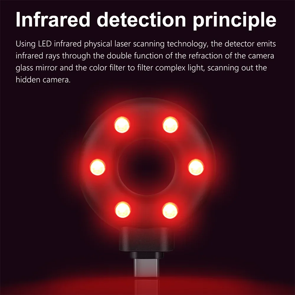 Hidden Camera Detector Infrared Camera Detector Camera Detector Type C Anti Candid Camera Detector For Outdoor Travel Hotel Rental Anti-Theft Camera LED IR Alarm Hidden Detector