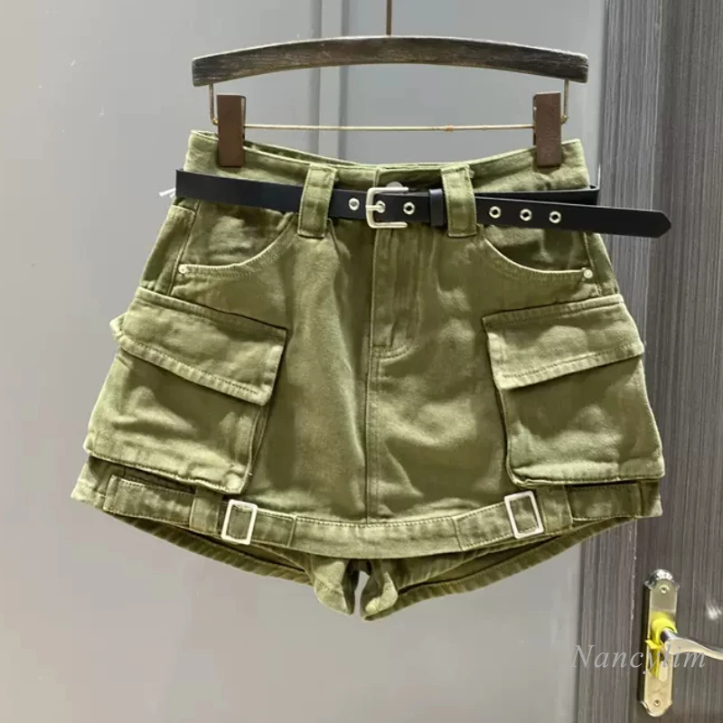 

Three-Dimensional Pocket Denim Short Culotte Women's Summer Army Green Hot Girl High Waist A- Line Wide Leg Shorts
