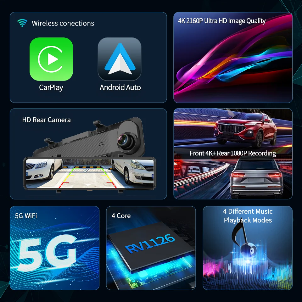 Imagebon Dash Cam 11.26 4K ADAS 백미러 카메라 CarPlay 안드로이드 자동 자동차 DVR WiFi FM GPS AUX 야간 투시경 비디오 레코더