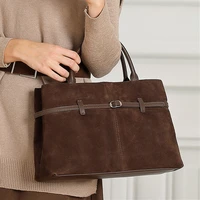 BURMINSA Vintage Soft Suede Commuter Handbags For Women Large Capacity Genuine Leather Office Work Top Handle Tote Shoulder Bags 1