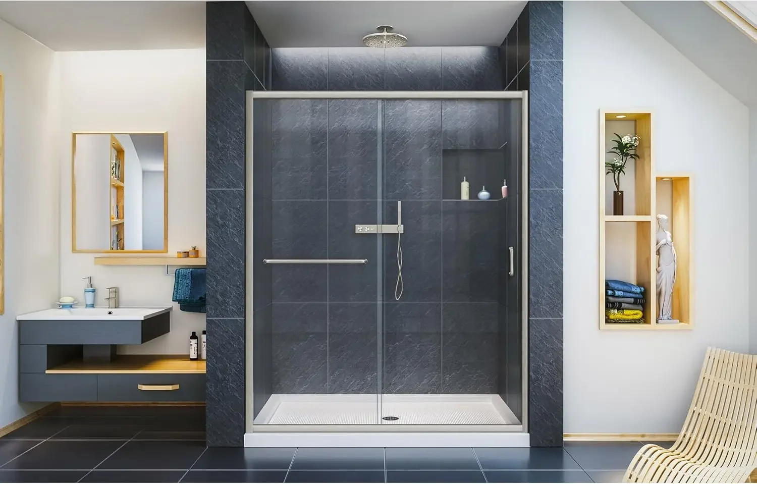 Semi Frameless Sliding Shower Door Clear Glass Brushed Nickel matching handle Sliding Shower Door panel