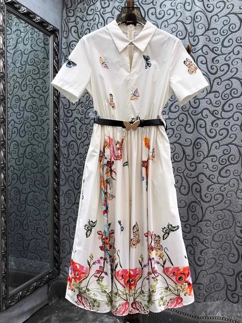 

100%Cotton Dress 2024 Spring Summer Style Women Turn-down Collar Colorful Butterfly Prints Belt Deco Mid-Calf Apricot Blue Dress