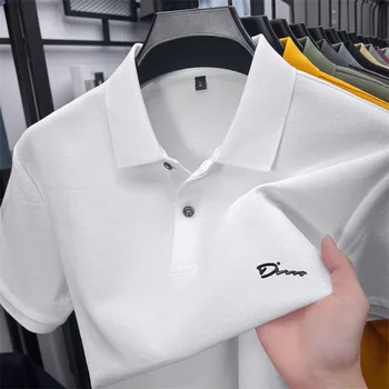 Polo da uomo a tinta unita con risvolto, estiva, a maniche corte, traspirante, in piqué, con stampa semplice sul petto, casual, da lavoro.