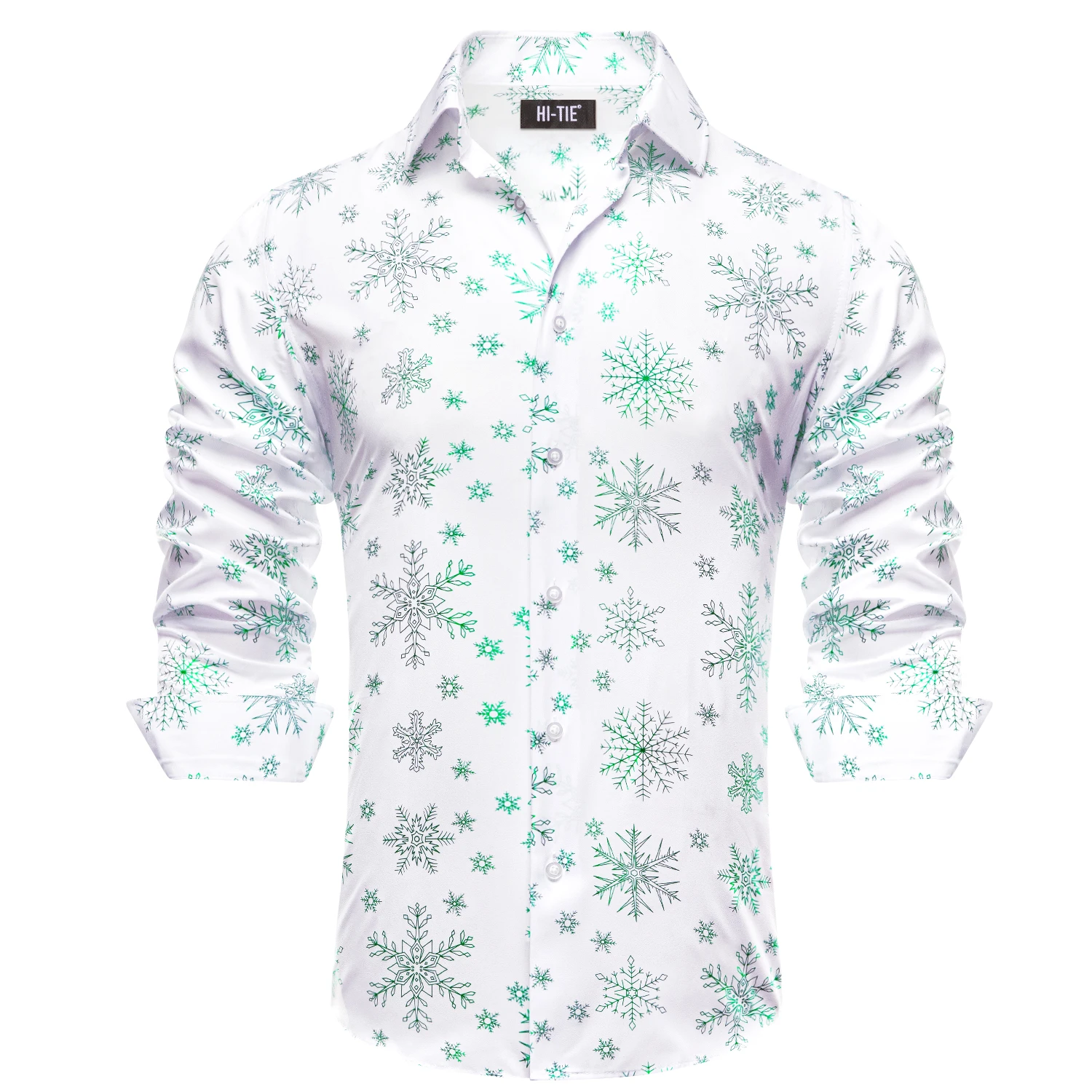 White Green Silk Mens Shirts Christmas Long Sleeve Turndown Collar Shirt Slim Fit Blouse for Male Designer Business Party Hi-Tie