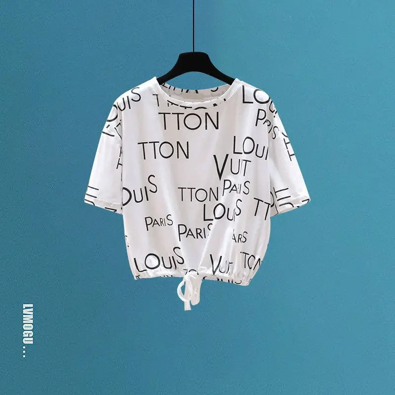 Fashionable Women's Set Spring/Summer New Fashion Versatile Design Sense Letter T-shirt Perforated Jeans Two Piece Set