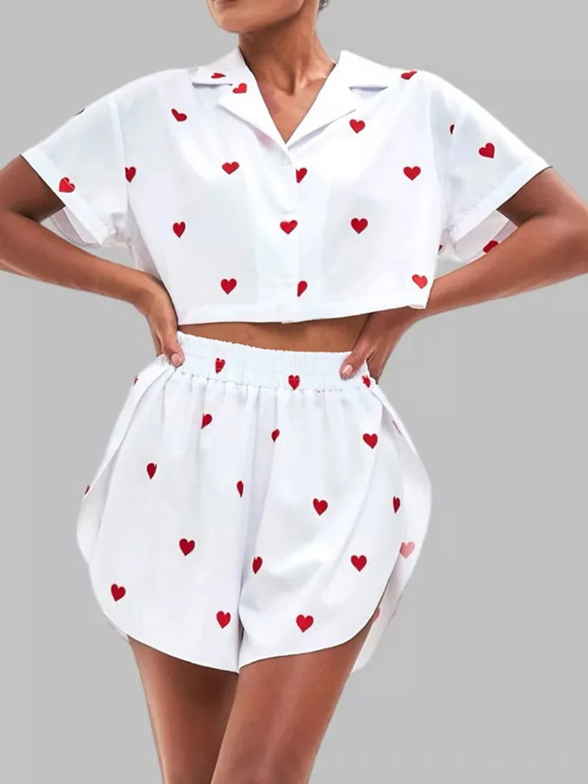 Marthaqiqi Printing Women'S Nightwear Suit Short Sleeve Nightgown Sexy Turn-Down Collar Sleepwear Shorts Loose Femme Nightie Set