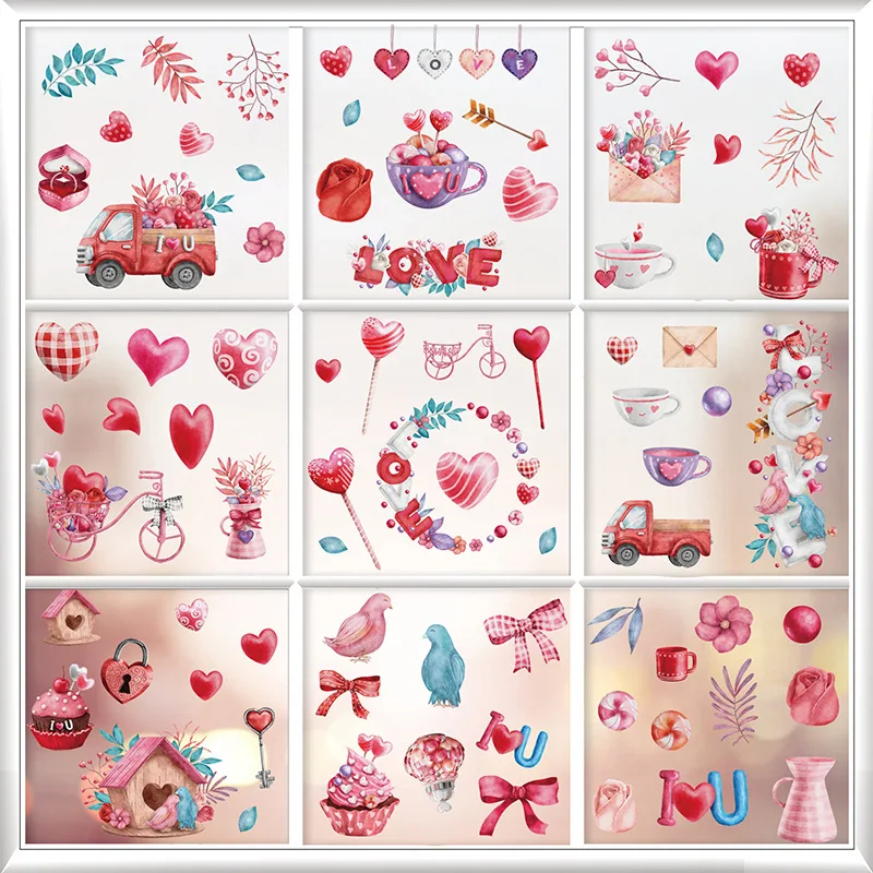 Valentines Day Window Clings 9 Sheets Heart Shaped Static Stickers Glass Art Decal for Valentine's Wedding Party Supplies window stickers