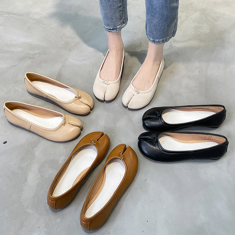 2023 Women Trotter Shoes Tabi Ninja Leather Flats Femme Split Toe Loafers  Japanese Hoof Moccasins Slip On Comfy Ballerina Ladies