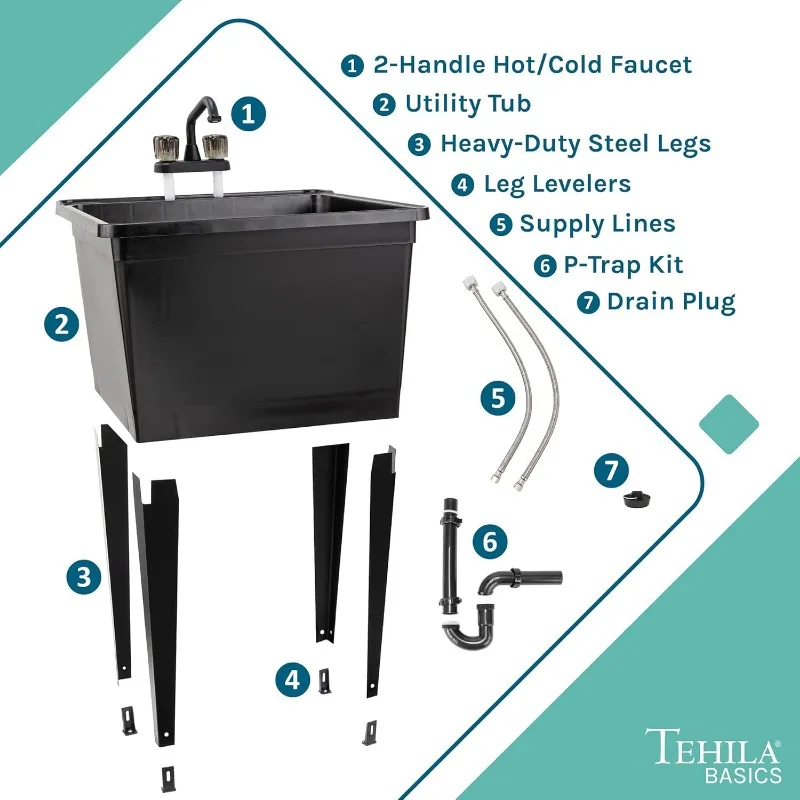 Tehila Basics 21-Gallon Black Freestanding Utility Sink with Black 2-Handle Faucet, Heavy Duty Plastic Laundry 4