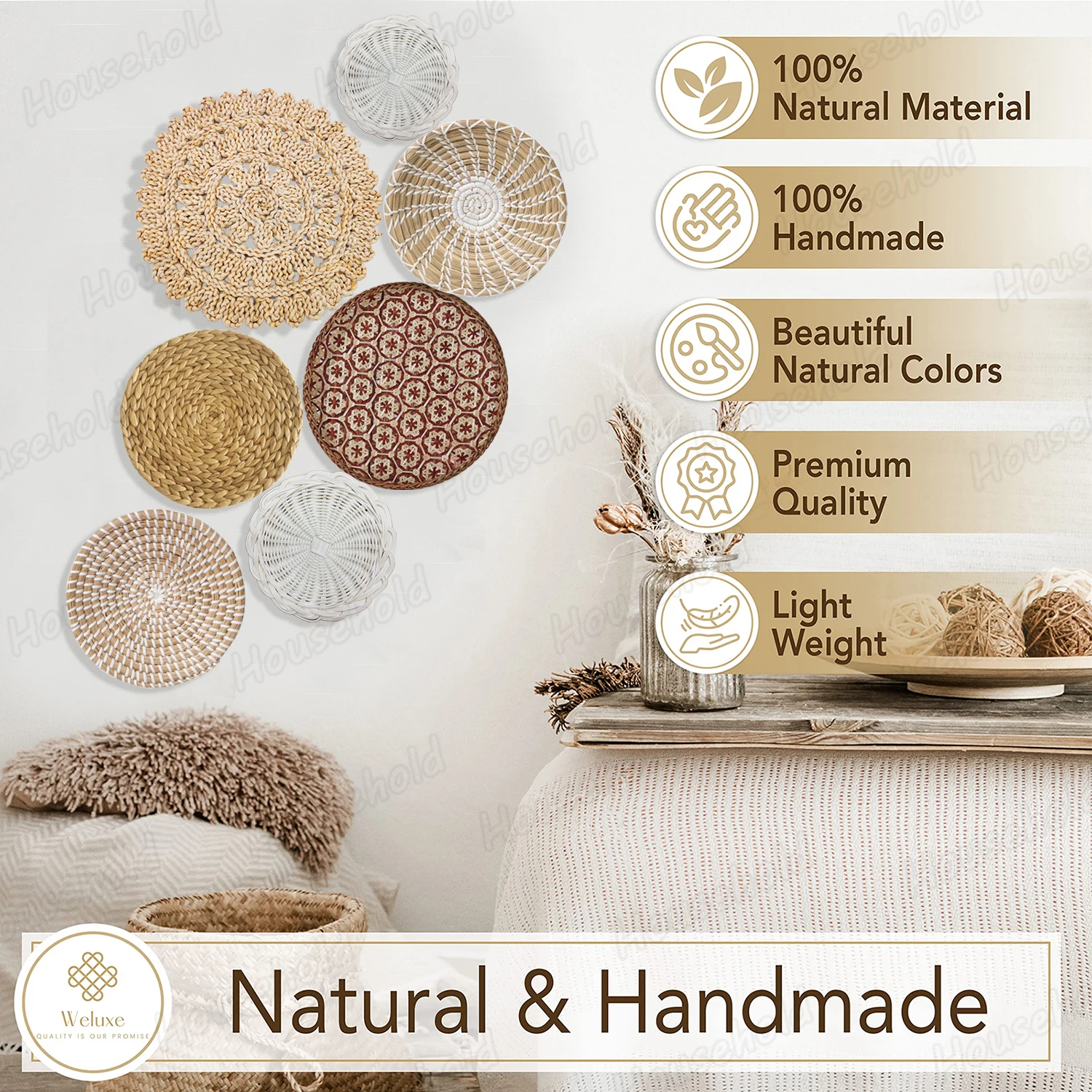 Set of 16 Hanging Woven Baskets Boho Handmade Wall Decor Round Rattan Straw Seagrass Baskets for Living Room/Kitchen/Bedroom 6