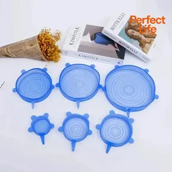 Set of 6 Reusable Silicone Stretch Lids - Versatile Fresh - Keeping Covers for Bowls, Fruits, and Vegetables (Blue)