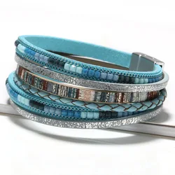 Brown Leather Bohemian Bracelet with Magnetic Clasp (Blue)