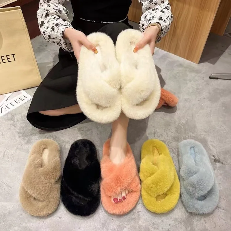 

New Winter Open Toe Slipper Fashion Fur Thick Sole Flats Heel Ladies Casual Slip On Bedroom Shoes Soft Outdoor Slides Shoes