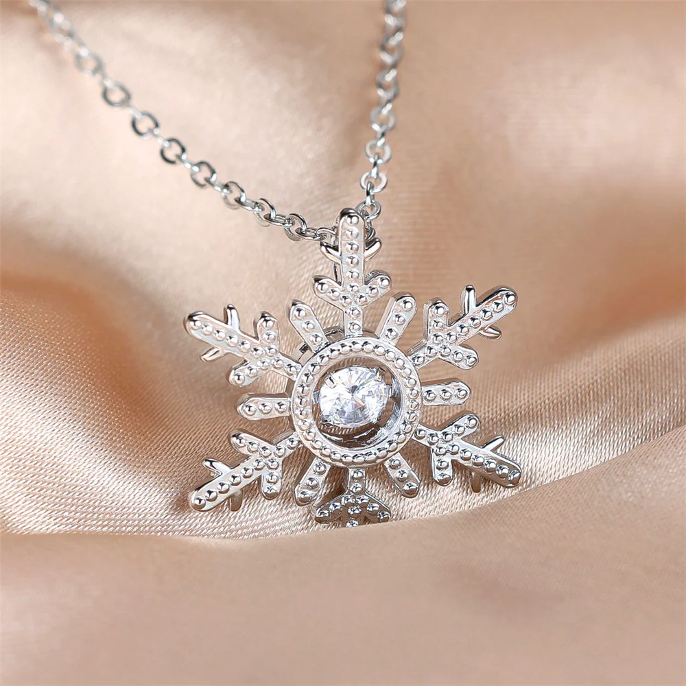 Female Crystal White Zircon Stone Snowflake Pendant Necklace Cute Silver Color Wedding Jewelry For Women