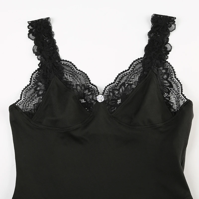 Black Backless Sleeveless V Neck Skinny Sexy Tank Bodysuit Women Lace Patchwork Elegant Rave Bodys Camisole