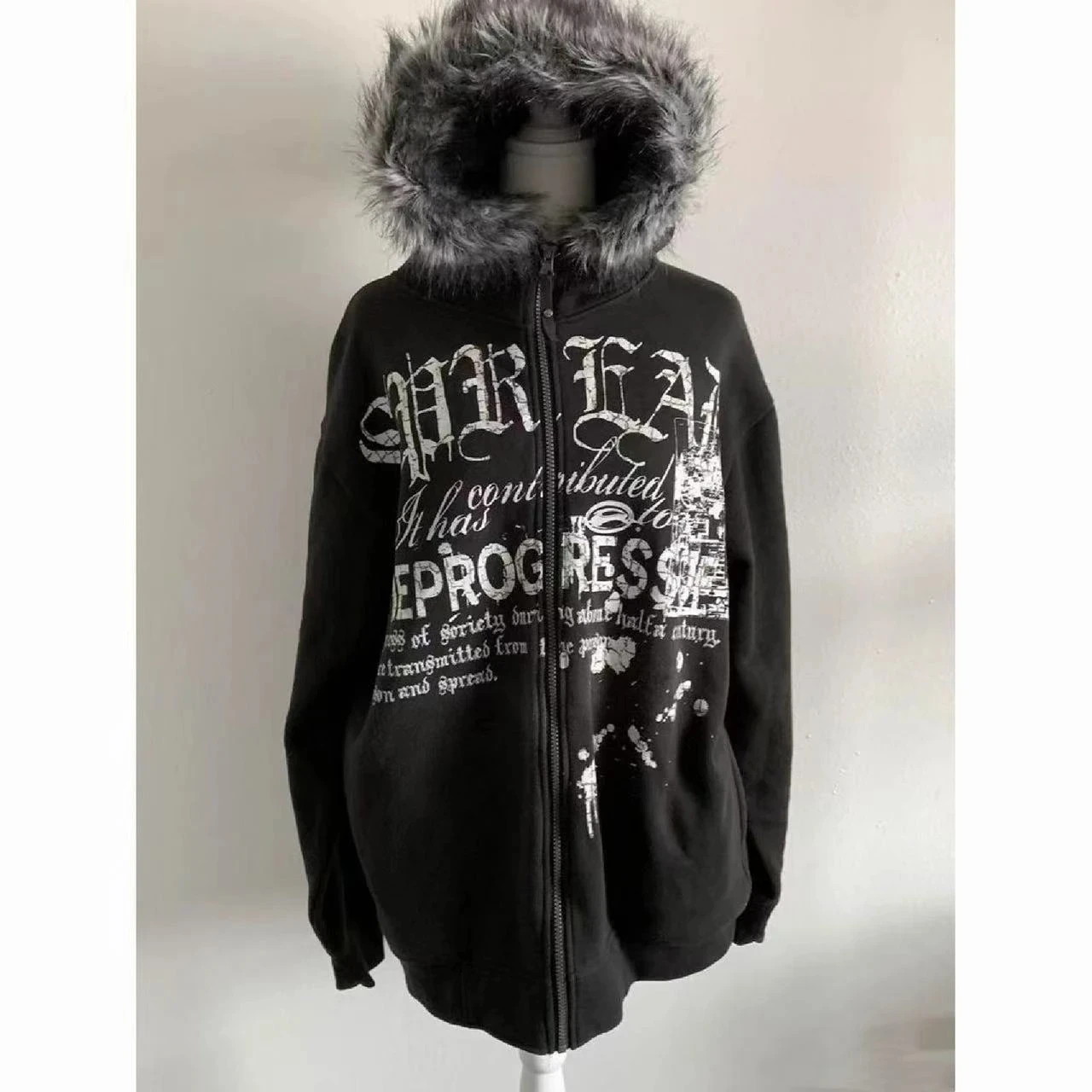 2026 Spring Punk Gothic Y2k Fur Hooded Coat Grunge Aesthetics