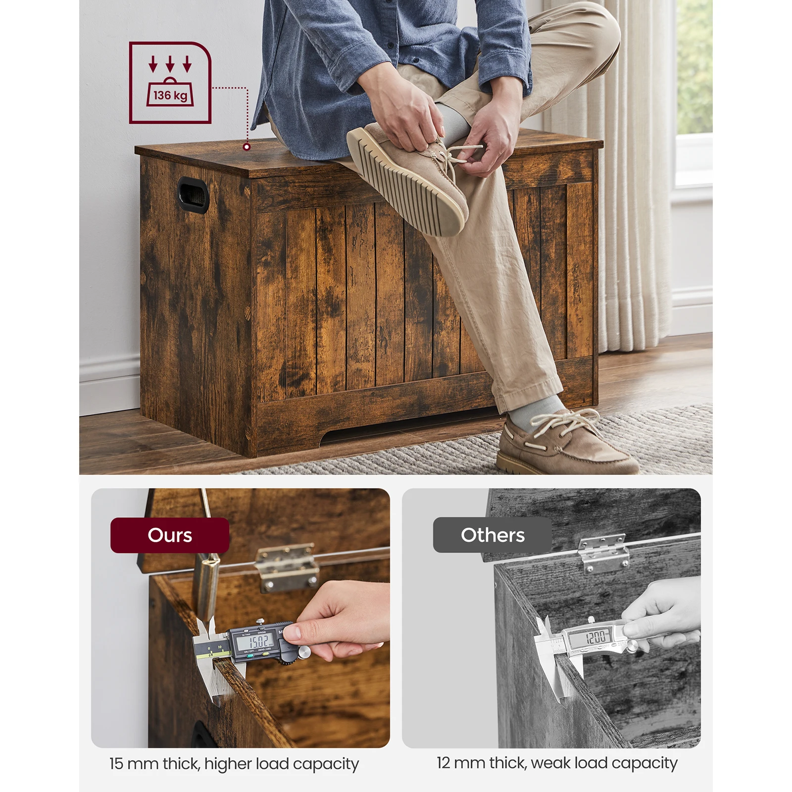 VASAGLE Storage Chest, Storage Bench with 2 Safety Hinges, Shoe Storage Bench, 40 x 76 x 48 cm, for Hallway, Living Room