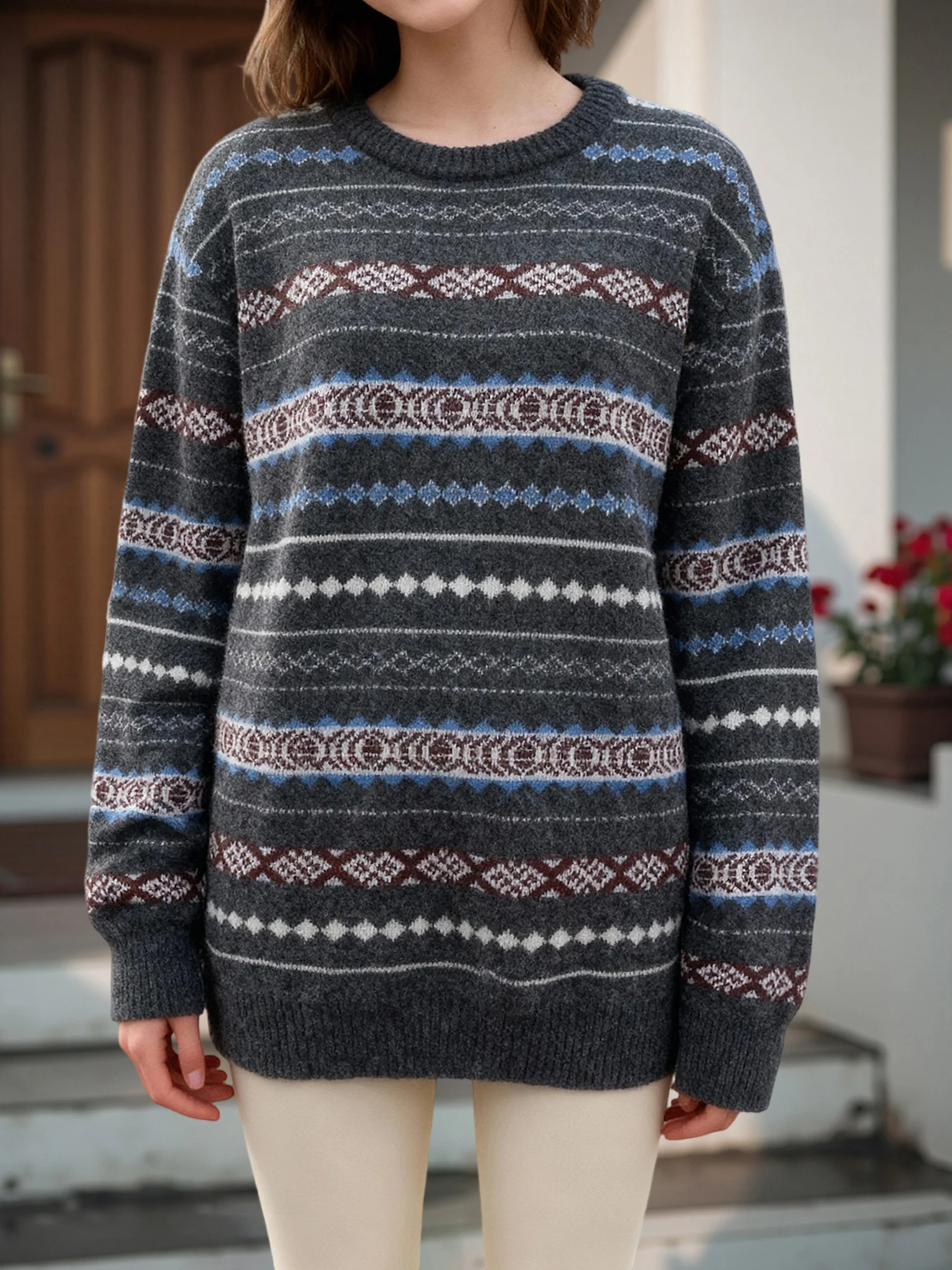 Women s Cozy Oversized Knit Pullover Sweater with Round Neckline and Striped Design for Fall Winter Fashion