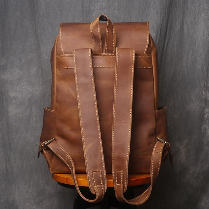 Vintage Leather Men's Backpack Large Capacity 15.6 Inch Laptop Bag Crazy Horse Leather Retro Travel College School Backpack