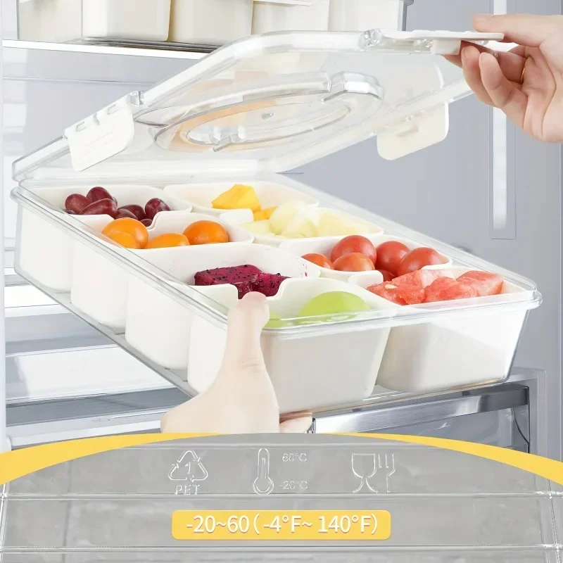 1pc Divided tray handle -8-compartment fruit container lid detachable snack box wooden serving tray plastic serving tray stainless steel food containers