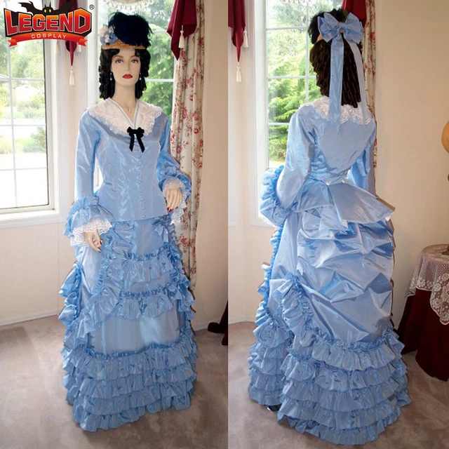 Blue Satin Victorian Bustle Historical Dresses 1860s Gown Promenade Walking Dress  Civil War Costume Southern Belle