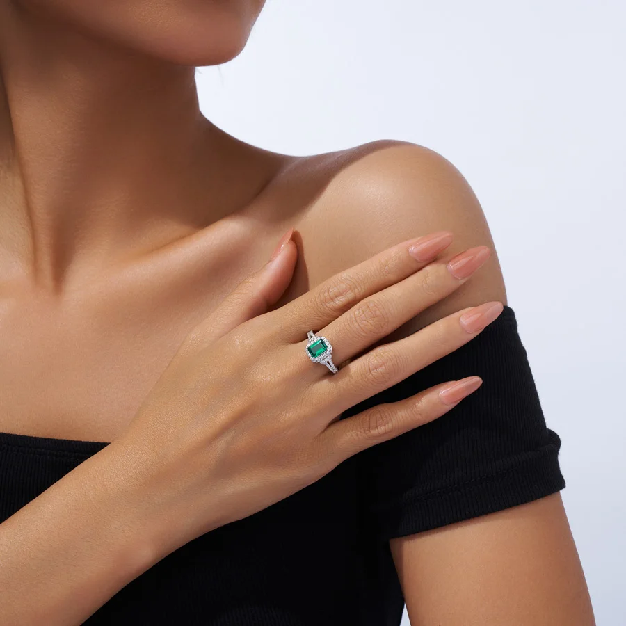JIUZUAN Emerald Cut 5x7mm Lab Emerald Ring S925 Silver 18K Gold Plated Pavé Moissanite Halo Engagement Jewelry for Women Ring - 2