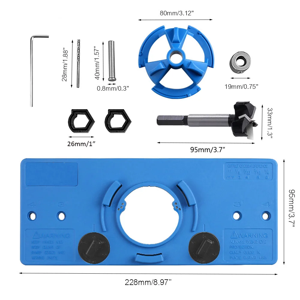 35mm Concealed Hinge Jig kit, Woodworking Tool Drill Bits, Hinge Drilling Hole Router Jig Hardware Template Guide Woodworking