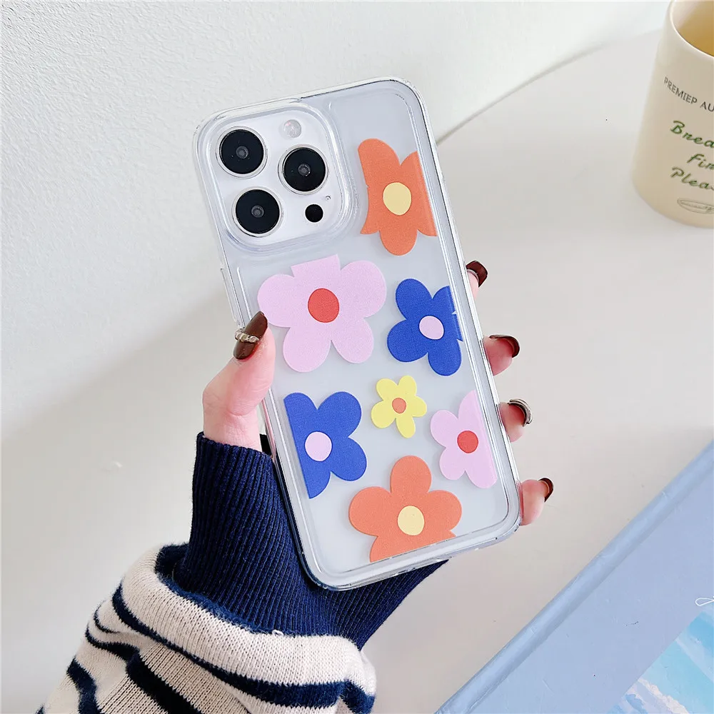Coque de téléphone à fleurs mignonnes de style coréen INS pour iPhone 15 14 12 13 11 Pro Max 14Plus 15Plus en silicone souple transparent résistant aux chocs_voghion.com