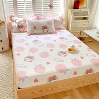 Kawaii Girls Pink Peach Print Fitted Sheet with Deep Pocket Twin Size 3PCS Cotton Lovely Cartoon Fruit Bed Sheet Set Room Decor 2