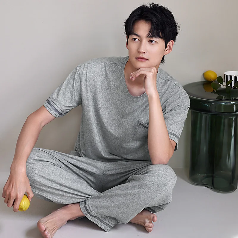 

Men Light Gray Pajamas Set Summer Full Pure Cotton Pyjamas Male Home Clothes Short-sleeve Tops + Long Pants 2 pcs/set Sleepwear