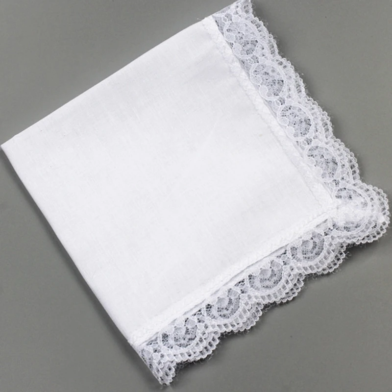Lightweight White Handkerchief Cotton Lace Trim Hankie Washable Chest Towel Pocket Handkerchief for Adult Wedding Party 10CF