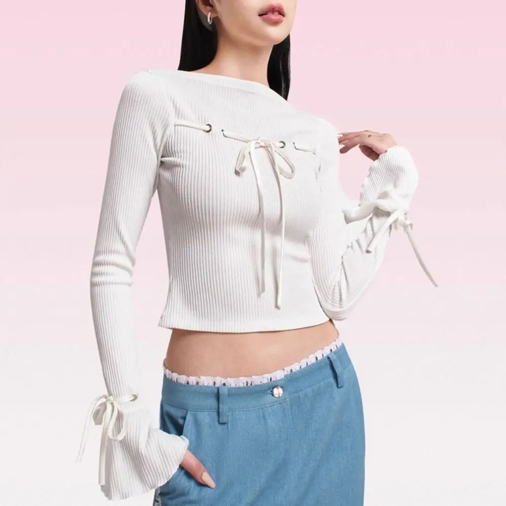 

Round Collar Pullover Sweater Tighten The Waist Bowknot Lace Up Long Sleeve Blouse Trumpet Sleeve Bell Sleeve Lace Up Top
