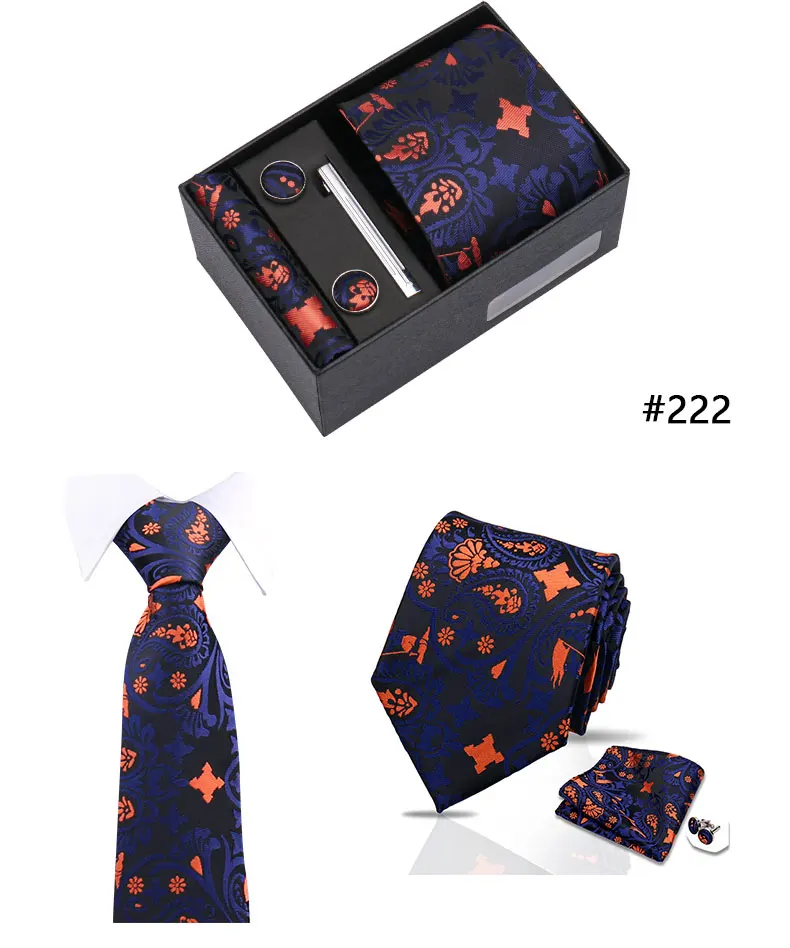 Top Quality Tie Set Gift Box Necktie Pocket Squares Cufflinks Tie-Clip Set With Black Box Men Birthday Gift Gravatas Accessories
