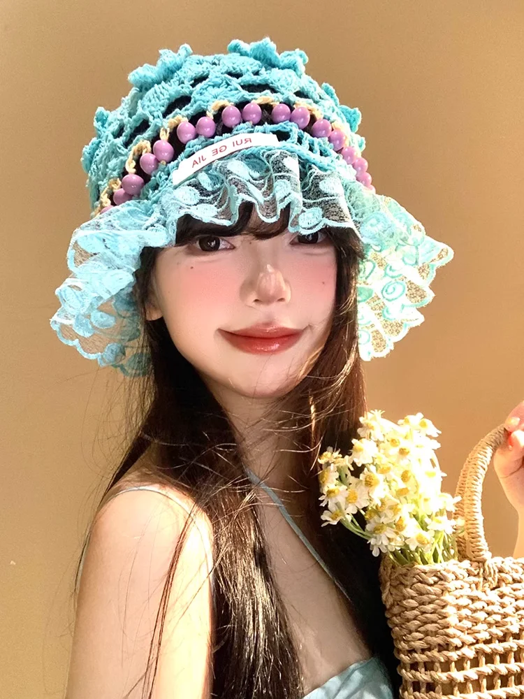 55-59cm Korean Knitted Hollow Out Flower Bead Bucket Hat Fashion