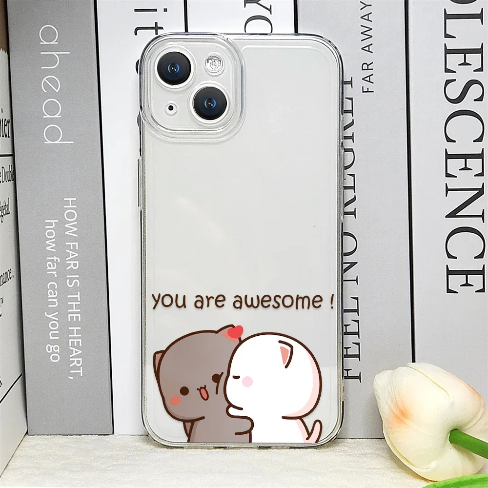 Cartoon Peach Mochi Cat Couple Transparent Soft Phone Case