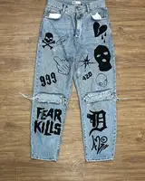 Streetwear Jeans Y2K Hip Hop Punk Rock Graphic Print Retro Blue Baggy Jeans Mens Womens New High Waisted Wide Leg Trousers 1