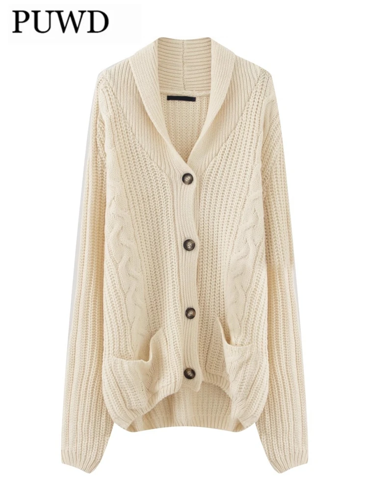 

PUWD Casual Women Vintage Solid Knit Cardigans 2023 Autumn Long Sleeves Single Breasted Sweaters Fashion Female Chic Pocket Tops