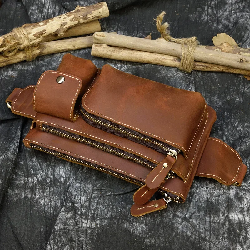 Leather Waist Bag Outdoor Men Fanny Pack with 3 Zipper