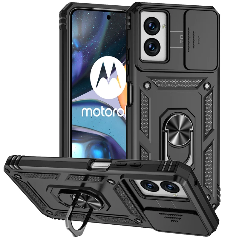 Shockproof Armor Phone Case with Magnetic Ring Holder and Slide Lens Protector