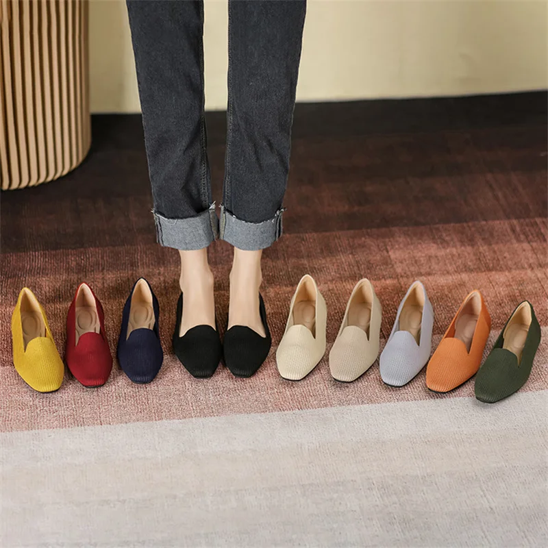 Spring Summer 2024 New Flat-bottomed Square Head Breathable Comfort Women's One Kick Knitted Casual Shallow Shoes Comfortable