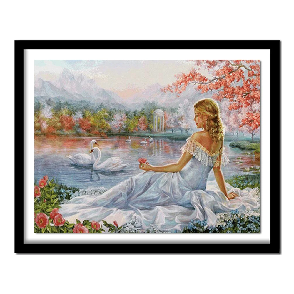 

Алмазная вышивка, распродажа осенних бриллиантовых картинок «Девушка и Лебедь», квадратная вышивка крестиком H452