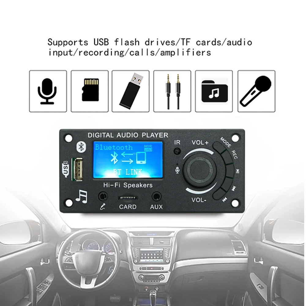 DC 12V Bluetooth 5.0 LCD MP3 WMA WAV Decoder Board Handsfree Car Audio Microphone Recording USB TF FM Mp3 Music Player Speaker audio decoder board bluetooth mp3 decoder audio mp3 player bluetooth audio module
