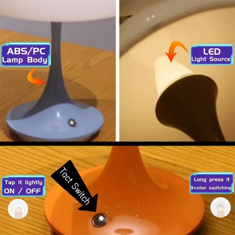 USB Small Desk Lamp 3-Color LED Light Source Switching Acrylic Lampshade ABS/PC Lamp Body Built in 1800mAh Battery Bedside