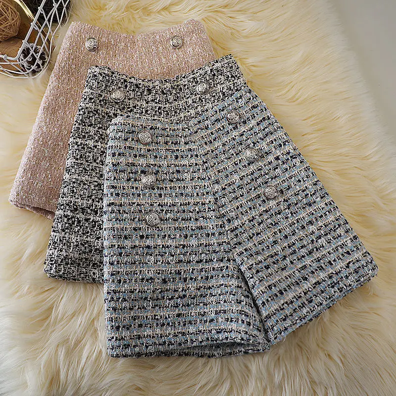 

2023 Double Breasted Tweed Wool Shorts Women High Waist Wide Leg Small Fragrance Casual Autumn Winter Outwear Plaid Pants Y64