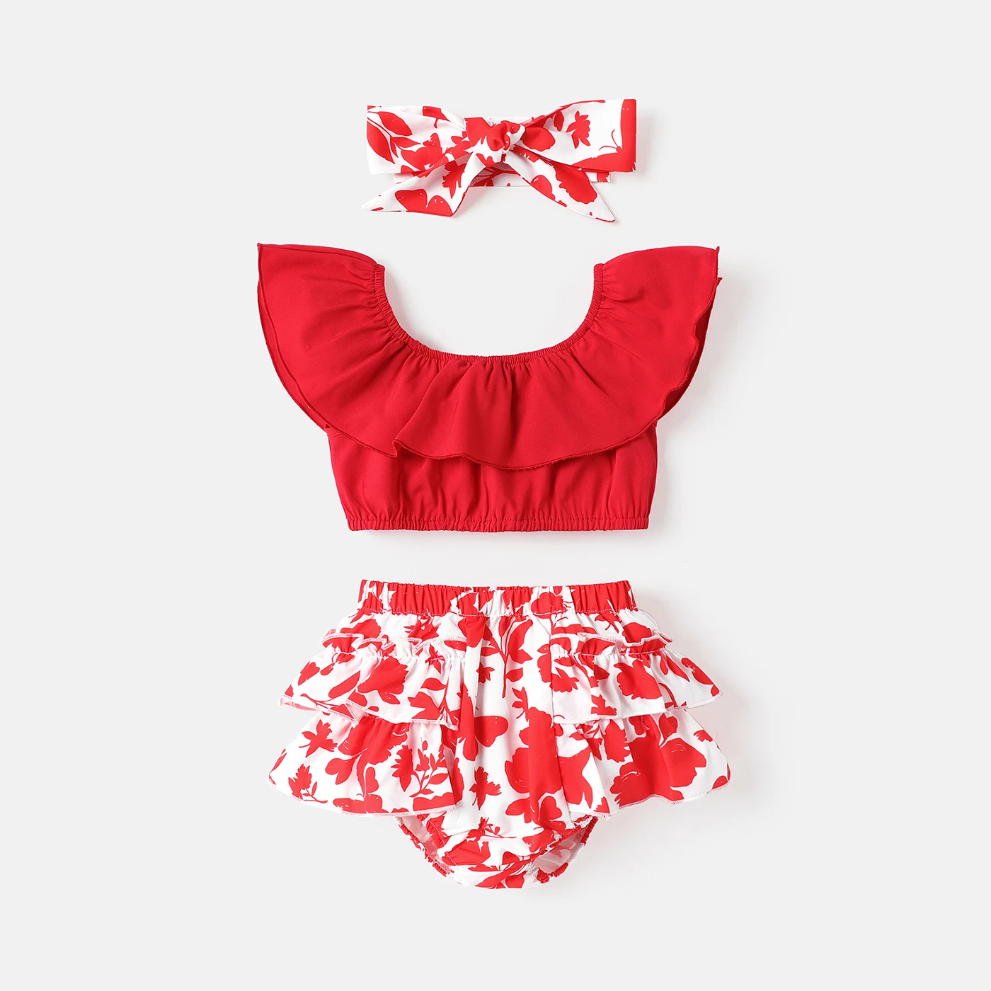 

PatPat 3pcs Baby Girl Solid Ruffled Crop Tank Top and Floral Print Layered Shorts & Headband Set