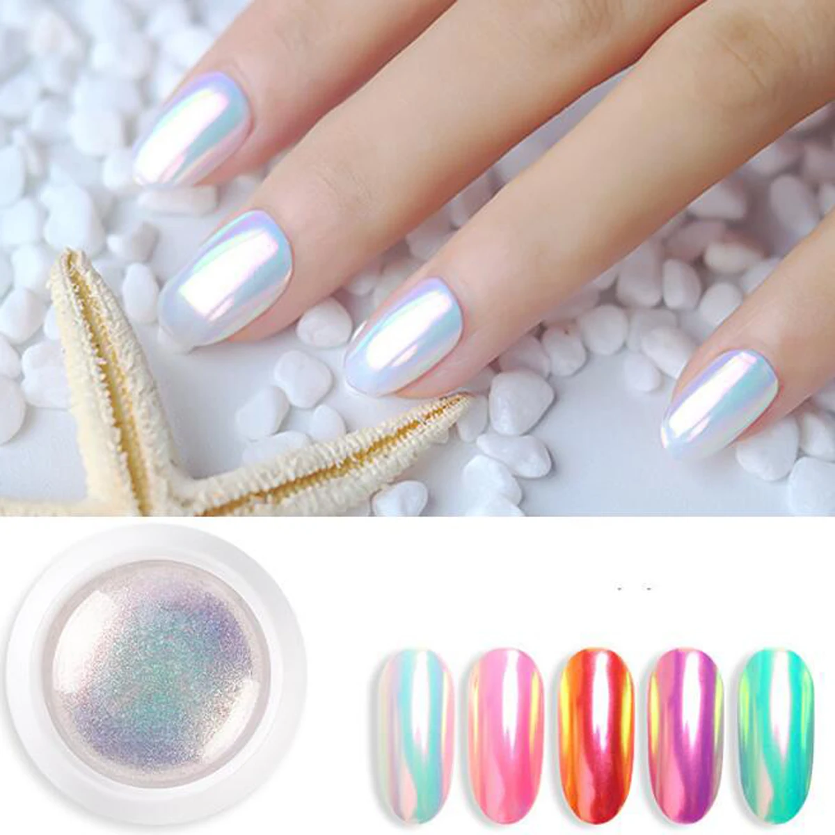1Jar Aurora Nail Powder Mirror Effect Chrome Nail Art Rainbow AB Mermaid Magic Mirror Powder Mermaid Pearl Colorful Shell nail powder