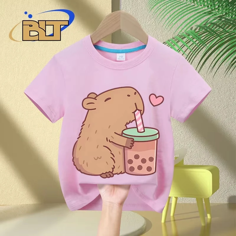 Cute Capybara Loves Bubble Tea Print Kids T-Shirt Summer Children's Short-Sleeved Casual Tops Boys And Girls Summer Clothes