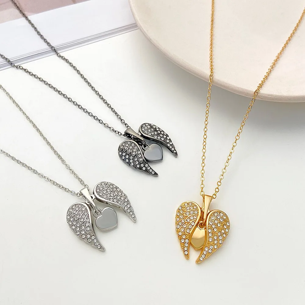 Heart Angel Wings Openable Pendant Necklace, Fashionable  Cute Party Jewellery Valentine's Day Gift, for Women, Mum