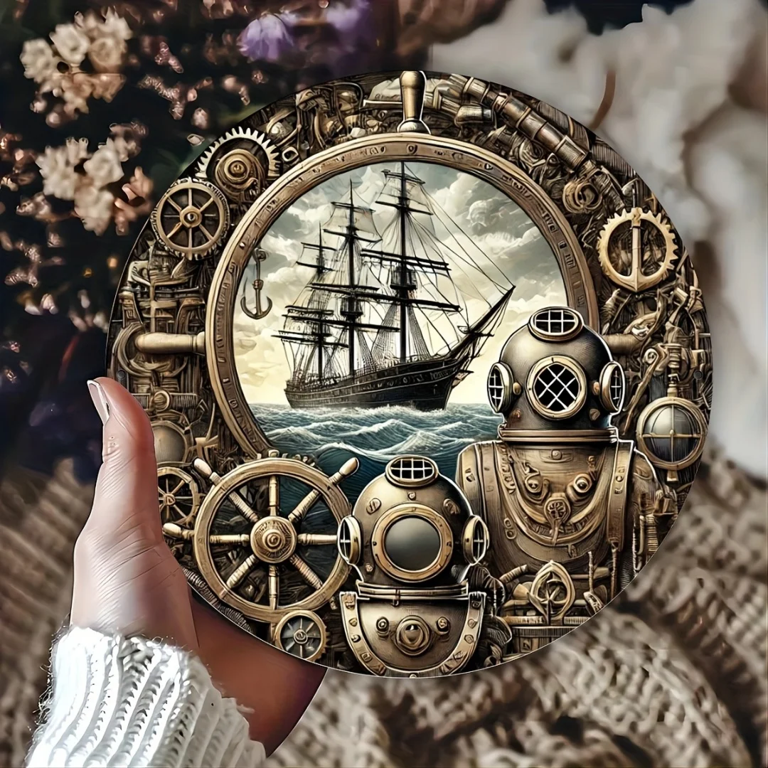 8in 2d Wooden Pirate Ship Round Plaque Maritime Theme Home Decor