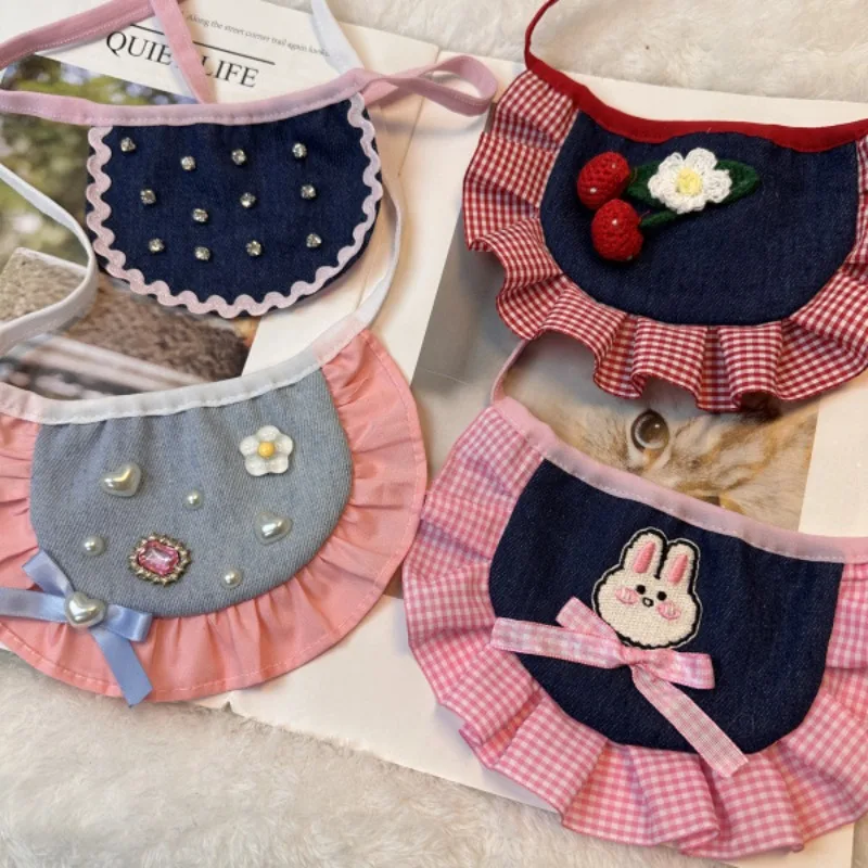 Ins Cute Dog Party Denim Bow Scarf Bib Cat Pet Dog Saliva Pocket Mouth Towel Puppy Bow Tes For Pet Dogs Accessories Stuff